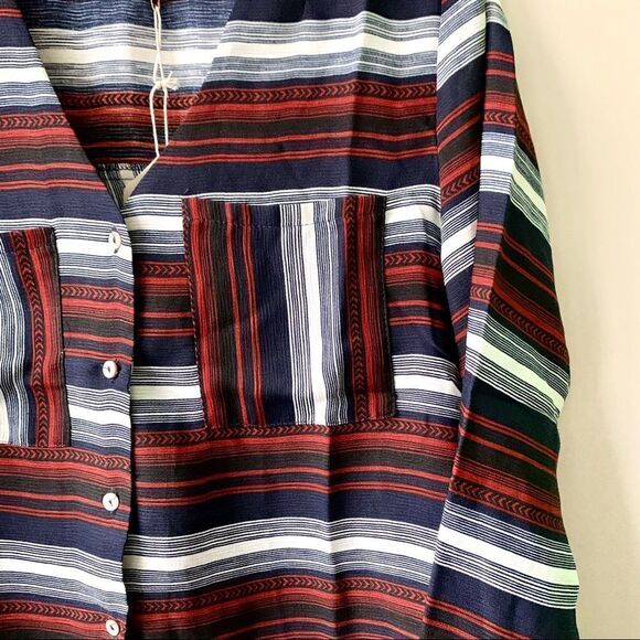NWT Entro Rust Navy Blue Striped Spliced Back V Neck Long Sleeve Button Up Top - Picture 6 of 8